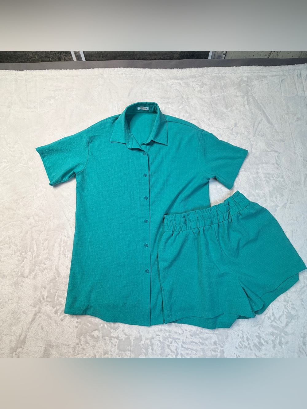 Teal Short-Sleeve Button Shirt & Elastic Waist Shorts Set, beachy resort wear,